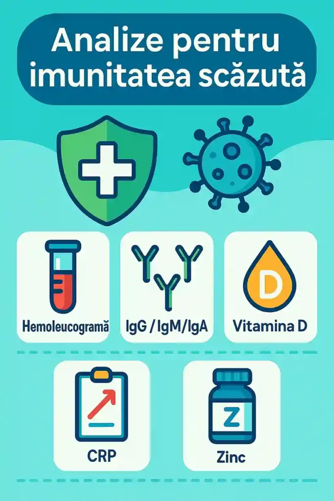 ce analize se fac pentru imunitatea scazuta – Tot ce trebuie să știi Infografic cu principalele analize pentru imunitatea scăzută: hemoleucogramă, IgG, CRP, vitamina D, zinc
