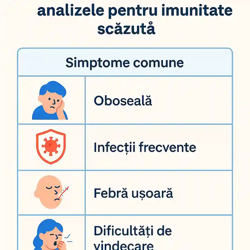 ce analize se fac pentru imunitatea scazuta – Tot ce trebuie să știi Tabel cu simptome comune care indică necesitatea unor analize pentru imunitate scăzută: oboseală, infecții frecvente, febră, dificultăți de vindecare