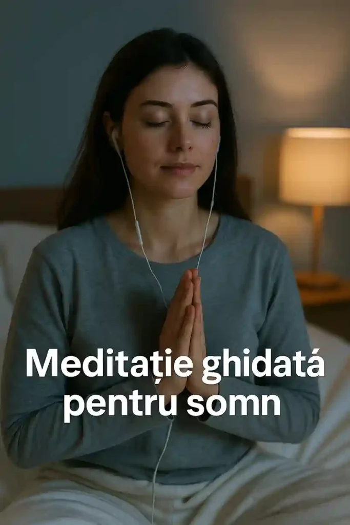 Meditație ghidată pentru somn – Tehnici pentru un somn profund Femeie ascultând o meditație ghidată pentru somn, așezată pe pat, în poziție de relaxare, într-un dormitor liniștit, cu titlul „Meditație ghidată pentru somn”.