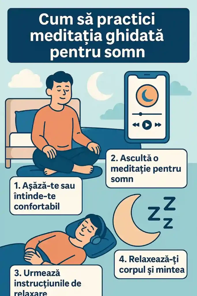 Meditație ghidată pentru somn – Tehnici pentru un somn profund Infografic ilustrat cu pași esențiali despre cum să practici meditație ghidată pentru somn, începând cu relaxarea corpului și ascultarea unei meditații audio.