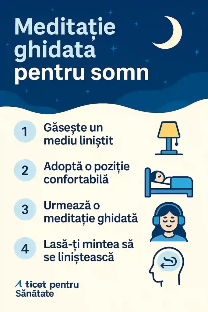 Meditație ghidată pentru somn – Tehnici pentru un somn profund Infografic ilustrat cu pași simpli pentru a începe o meditație ghidată pentru somn, inclusiv pregătirea mediului și relaxarea minții.