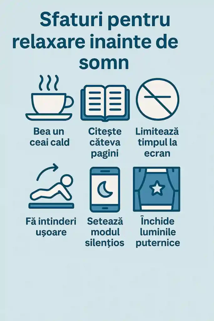 Meditație ghidată pentru somn – Tehnici pentru un somn profund Infografic cu sfaturi simple pentru relaxare înainte de culcare, utile înainte de o meditație ghidată pentru somn.
