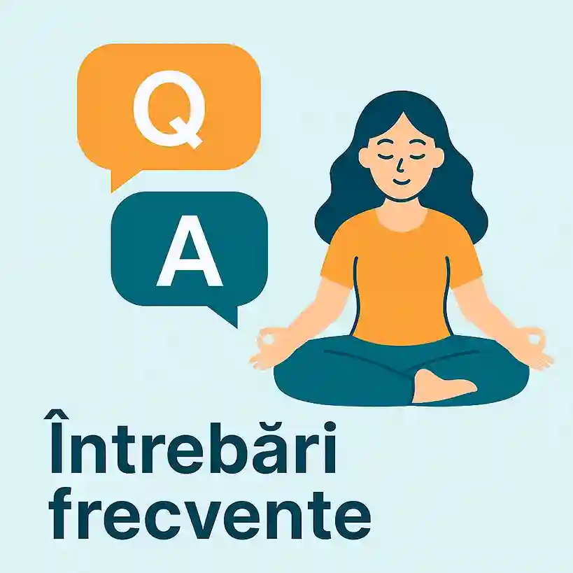 Meditație ghidată pentru somn – Tehnici pentru un somn profund Ilustrație cu o femeie în poziție de meditație și pictograme Q&A, reprezentând întrebări frecvente despre meditație ghidată pentru somn.