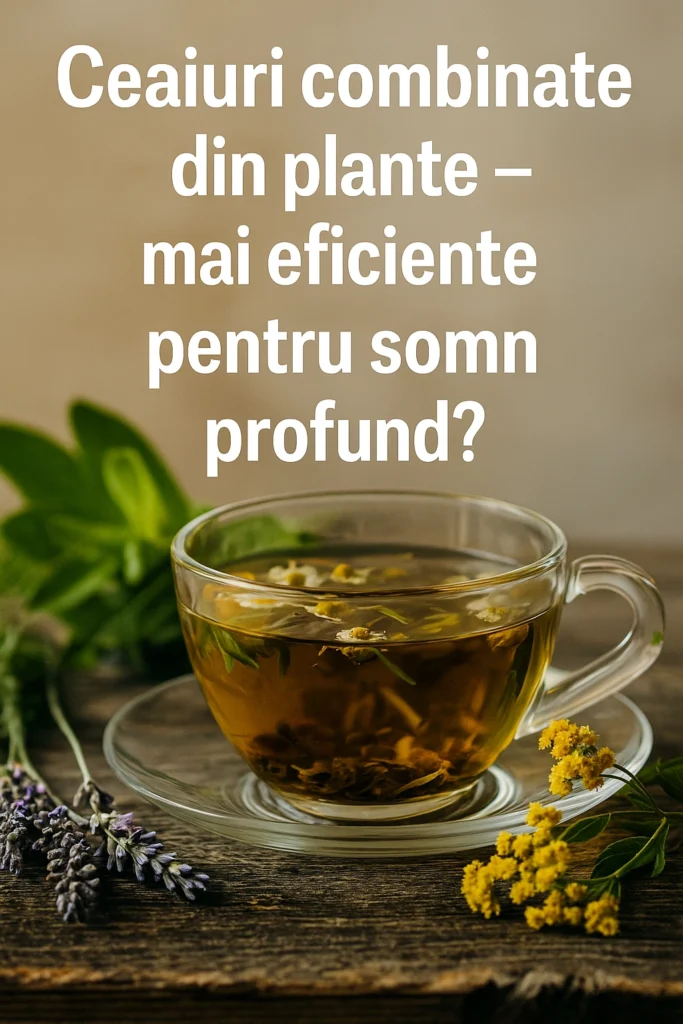 Ceai pt somn – Cele mai bune ceaiuri pentru un somn liniștit și profund Ceai combinat din plante calmante pentru somn profund, cu lavandă și mușețel în ceașcă de sticlă pe masă rustică