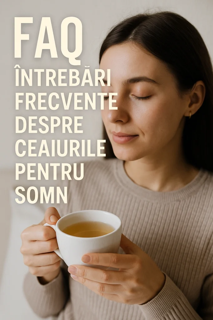 Ceai pt somn – Cele mai bune ceaiuri pentru un somn liniștit și profund Femeie tânără ținând o cană de ceai pentru somn, cu ochii închiși, relaxată, alături de text FAQ despre ceaiuri calmante