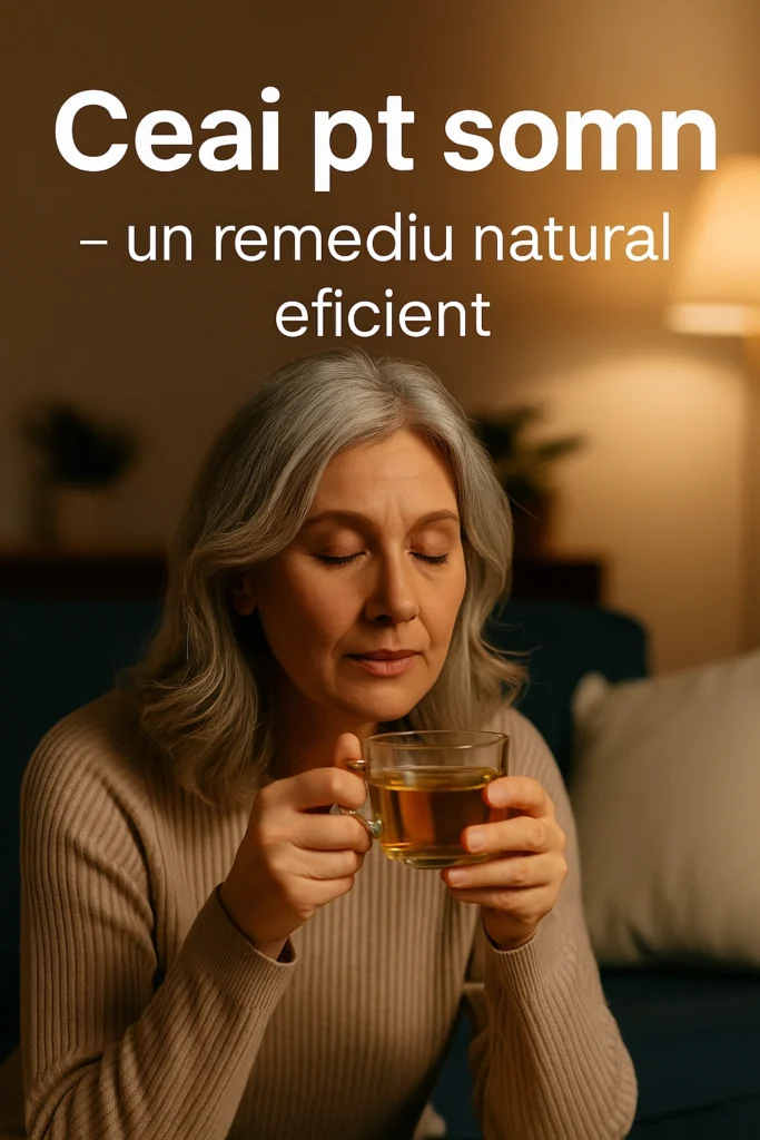 Ceai pt somn – Cele mai bune ceaiuri pentru un somn liniștit și profund Femeie matură savurând o cană de ceai pt somn într-un cadru cald și relaxant, ca remediu natural pentru insomnie și calmarea sistemului nervos