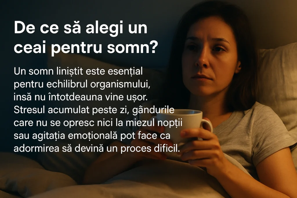 Ceai pt somn – Cele mai bune ceaiuri pentru un somn liniștit și profund Femeie obosită în pat cu cană de ceai pt somn, citind un text despre importanța unui somn liniștit și calmarea sistemului nervos