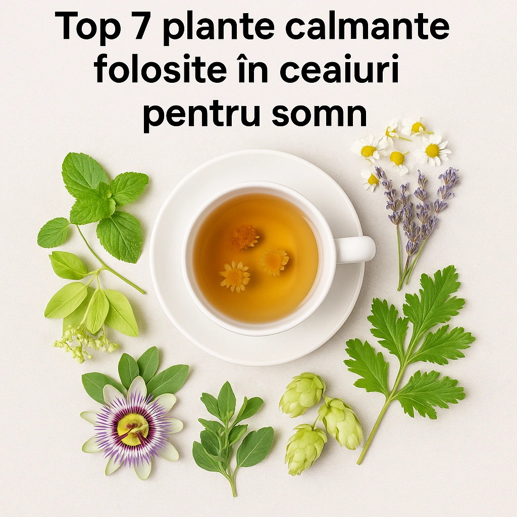 Ceai pt somn – Cele mai bune ceaiuri pentru un somn liniștit și profund Ceai din plante calmante pentru somn profund, înconjurat de mușețel, lavandă, passiflora, valeriană, hamei, roiniță și tei pe fundal alb