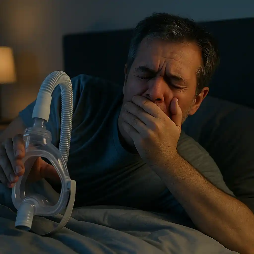 Apneea în somn se vindecă? Bărbat obosit în pat cu mască CPAP pentru apnee în somn, căscând și pregătindu-se de somn, tratament pentru apnee obstructivă