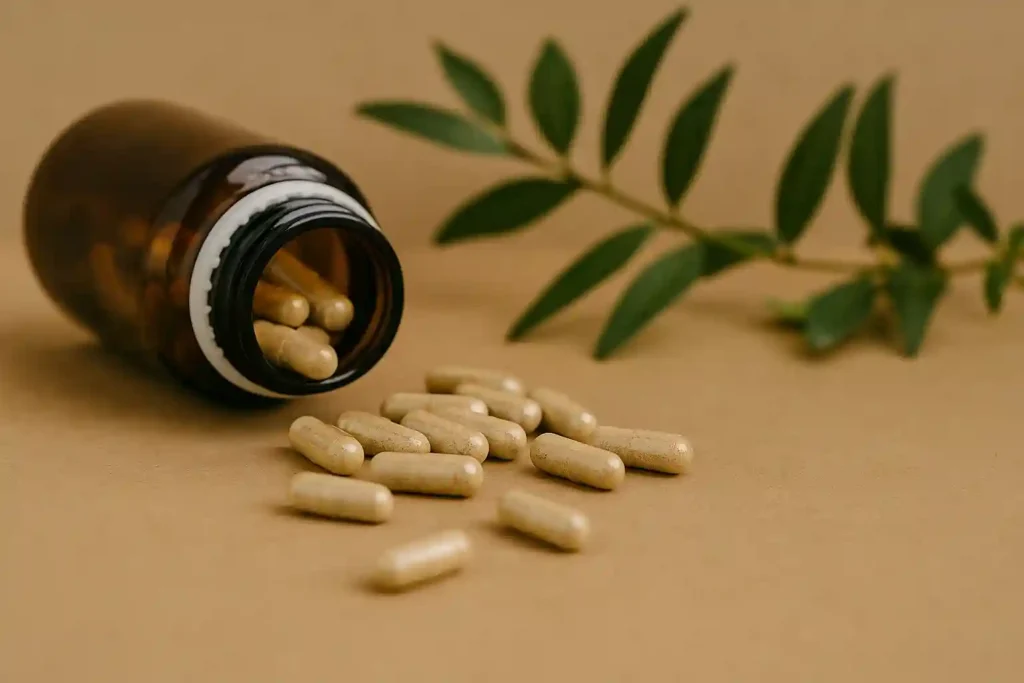 Suplimente pentru somn : Capsule naturale pentru somn dintr-un flacon brun, suplimente naturiste pentru insomnie și relaxare