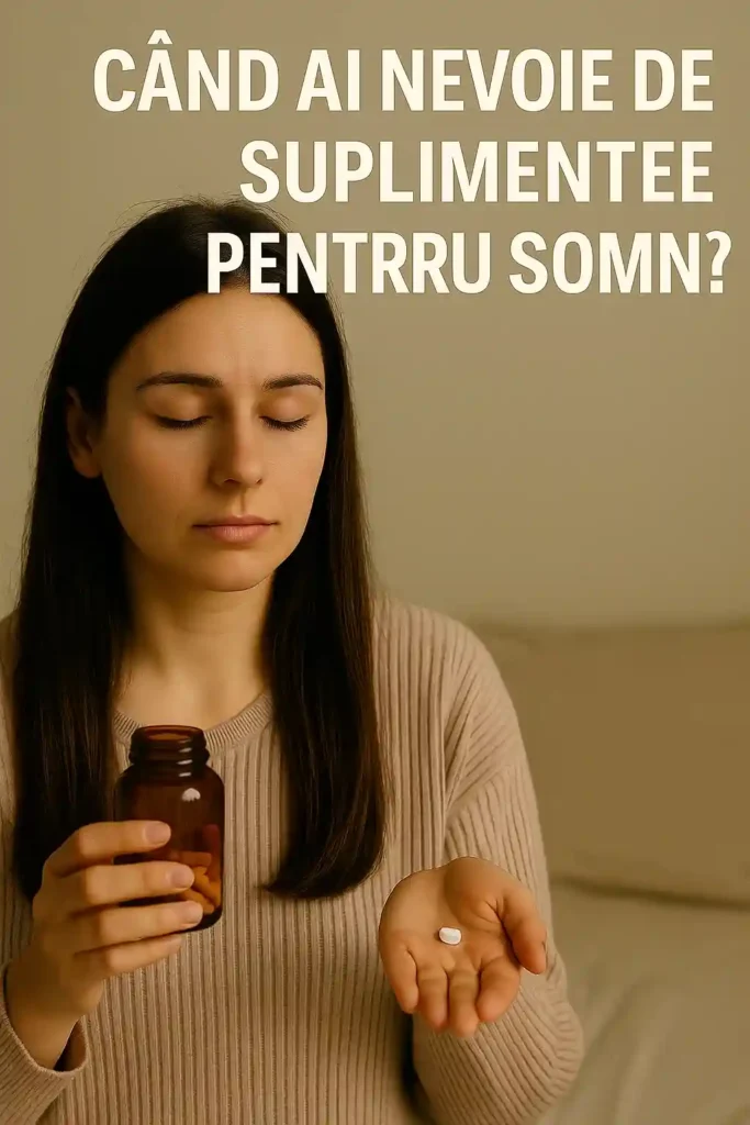 Suplimente pentru somn – Ghid complet despre pastile naturiste eficiente Femeie cu ochii închiși ținând o pastilă și un flacon de suplimente pentru somn naturale