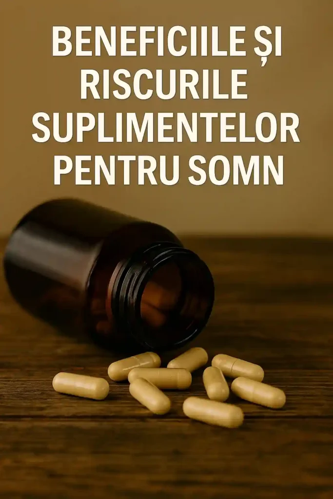 Suplimente pentru somn – Ghid complet despre pastile naturiste eficiente Capsule din plante pentru somn lângă un flacon brun, ilustrând beneficiile și riscurile suplimentelor naturiste pentru somn