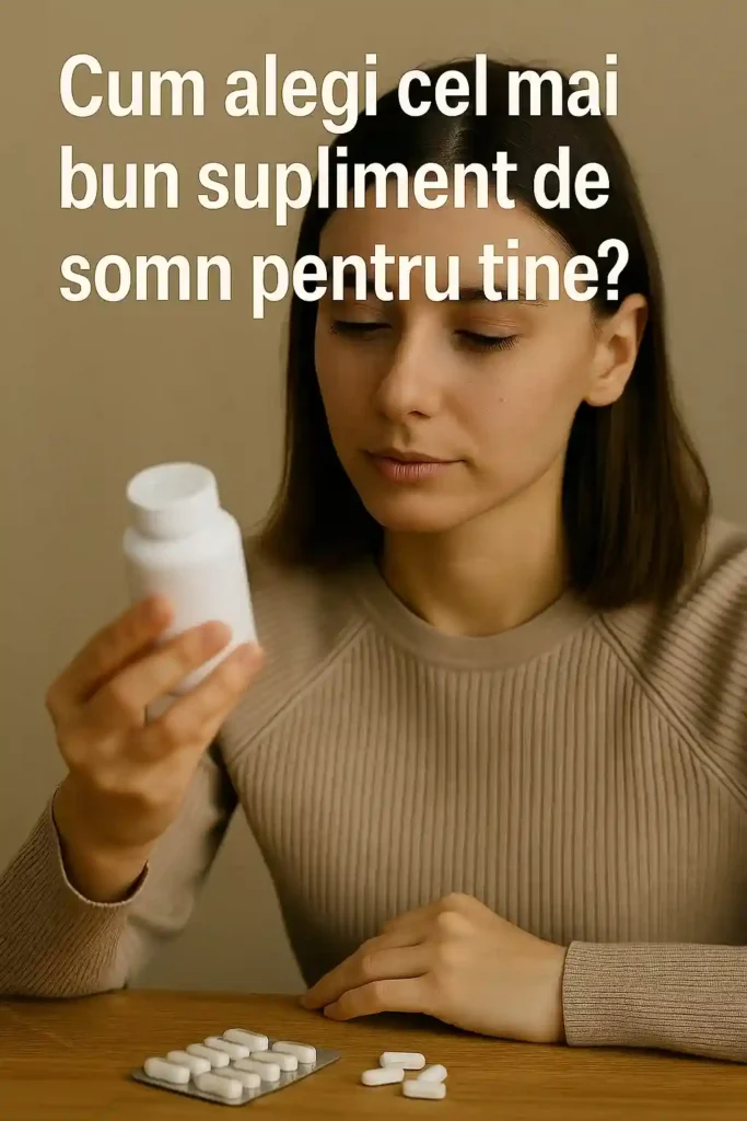Suplimente pentru somn – Ghid complet despre pastile naturiste eficiente Femeie analizând un flacon de pastile pentru somn, încercând să aleagă cel mai bun supliment naturist de somn pentru nevoile sale