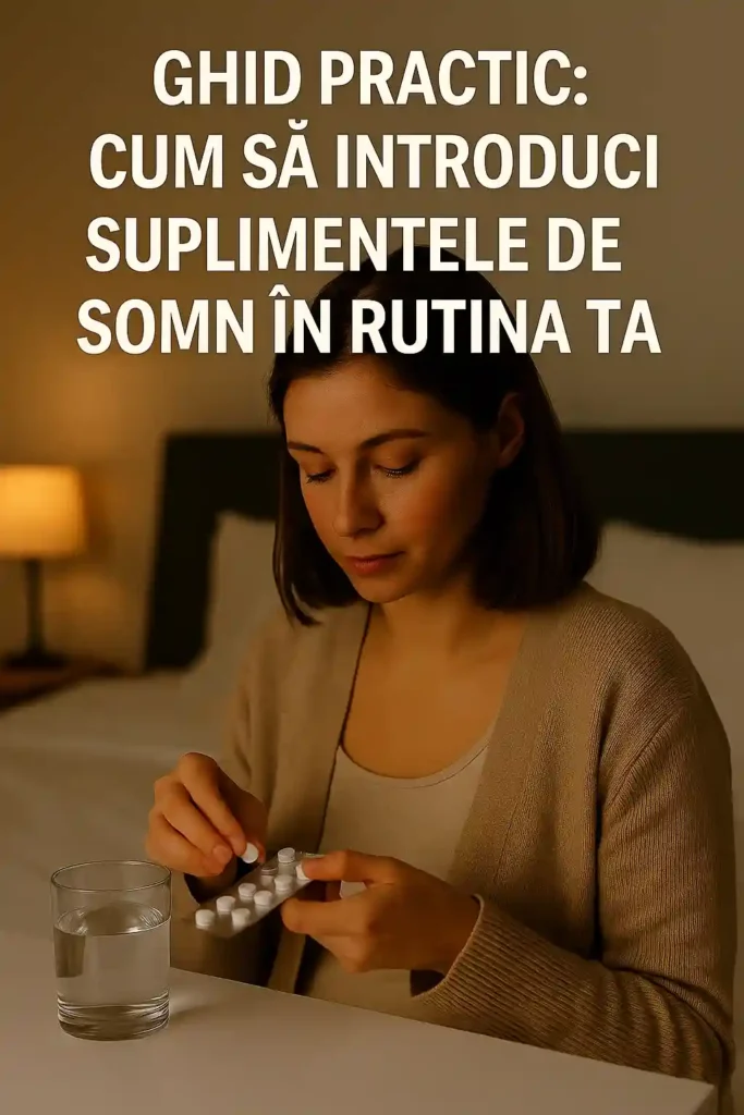 Suplimente pentru somn – Ghid complet despre pastile naturiste eficiente Femeie pregătindu-se de culcare, ținând un blister cu pastile de somn și un pahar cu apă pe noptieră