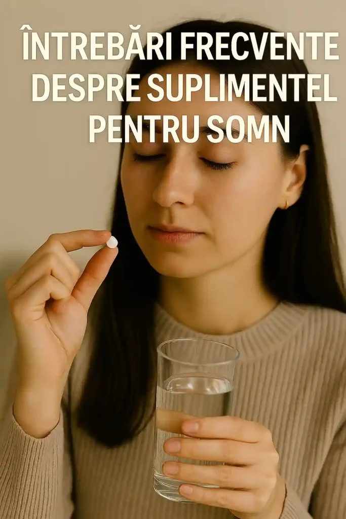 Suplimente pentru somn – Ghid complet despre pastile naturiste eficiente Femeie tânără cu ochii închiși ținând o pastilă de somn naturistă și un pahar cu apă