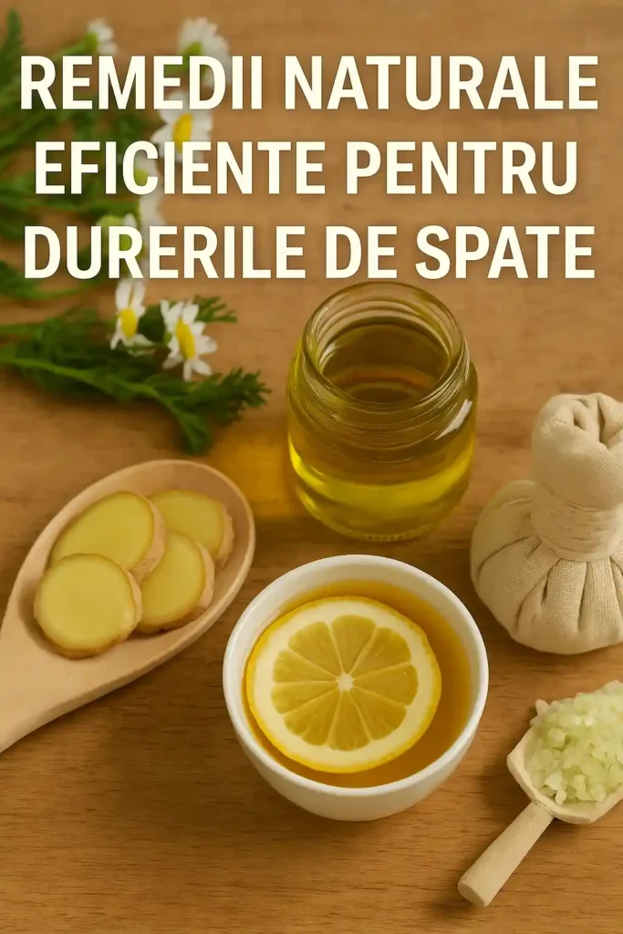 Dureri de spate – Remedii naturale și soluții eficiente pentru alinare fără medicamente Remedii naturale pentru dureri de spate: ghimbir, ulei esențial, lămâie, sare Epsom și compresă din plante pe masă din lemn