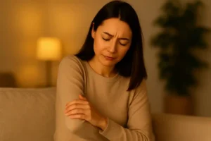 Home Femeie care suferă de dureri articulare la cot, cauzate de inflamație a articulațiilor