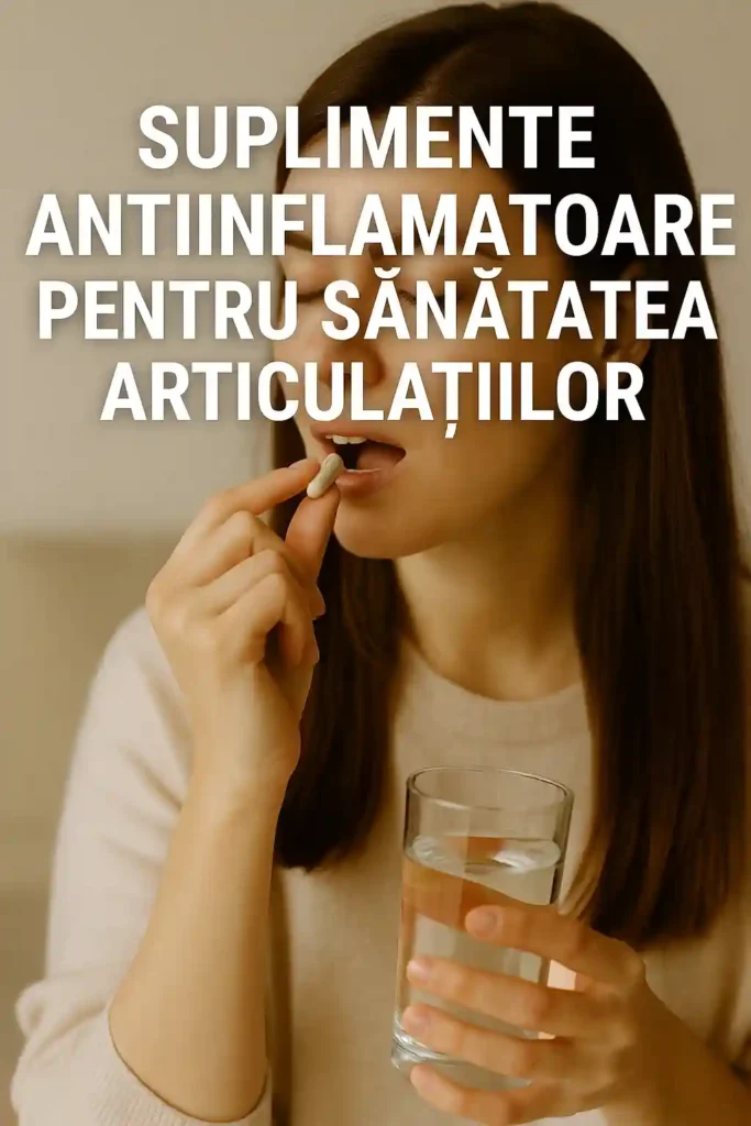 Dureri articulare – Ghid complet despre cauze, remedii naturale și soluții antiinflamatoare Femeie luând suplimente antiinflamatoare naturale pentru sănătatea articulațiilor, ținând un pahar cu apă