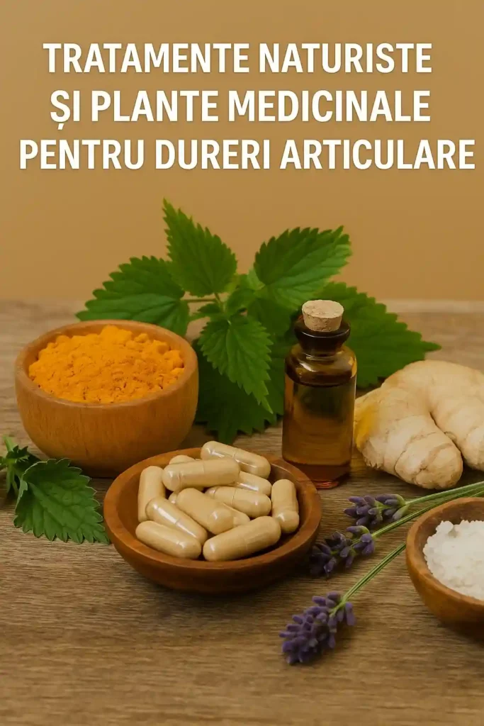 Dureri articulare – Ghid complet despre cauze, remedii naturale și soluții antiinflamatoare Tratamente naturiste și plante medicinale pentru dureri articulare – imagine cu capsule, turmeric, ulei esențial, ghimbir și lavandă