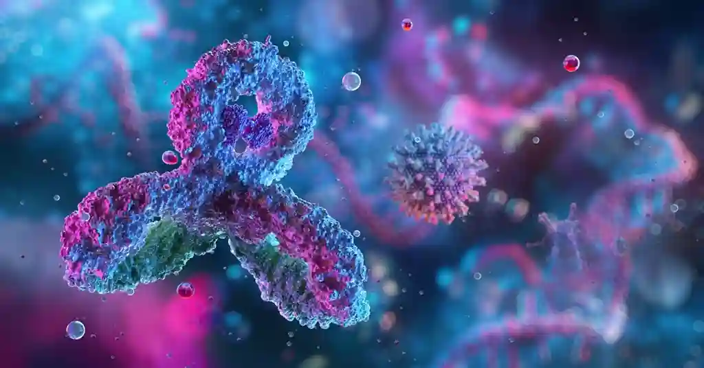 Întărirea sistemului imunitar – Ghid complet Întărirea sistemului imunitar – imagine microscopică cu anticorpi și virus, mecanisme naturale de apărare