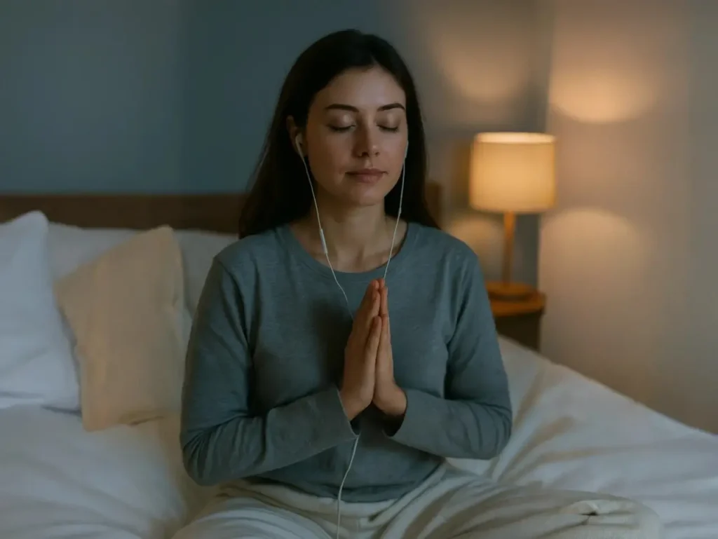 Femeie relaxată în poziție de meditație, ascultând o meditatie ghidata pentru somn, așezată pe pat într-un dormitor liniștit.