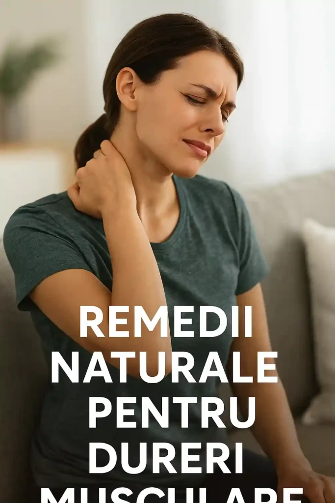 Femeie cu dureri musculare la nivelul gâtului aplicând presiune pentru calmare – ilustrare pentru remedii naturale și relaxare musculară